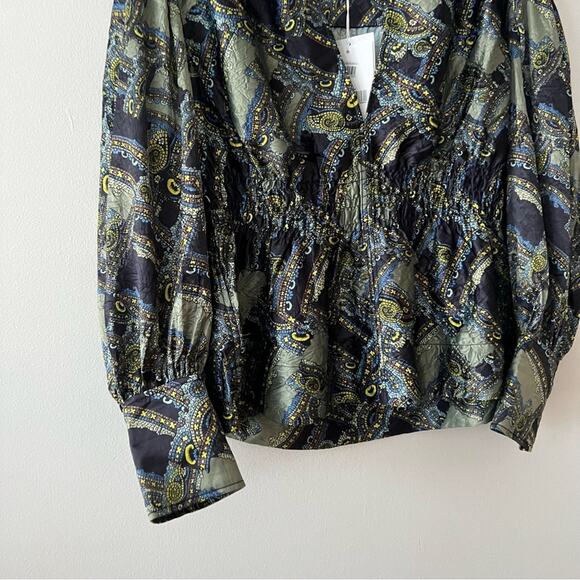 Ganni Mosaic Print Long Sleeve Deep V-Neck Blouse - Picture 3 of 10